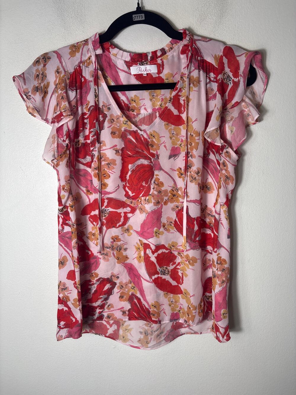 Parker Pink Floral Flutter Sleeve Silk Blouse Sz XS
